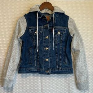 Levi's Hybrid Denim Jacket Grey Hoodie Sleeves Fleece Hood Women's Small #691